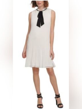 DKNY White Pleated Blouse with Black Trim Tie